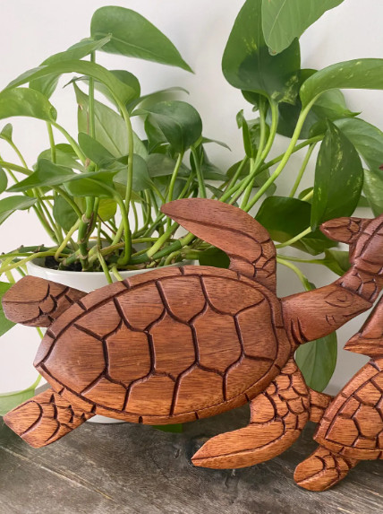 Hawaiian Hand Made Wall Hanging Decor Wood Carving Sign Turtle Honu Family ALOHA