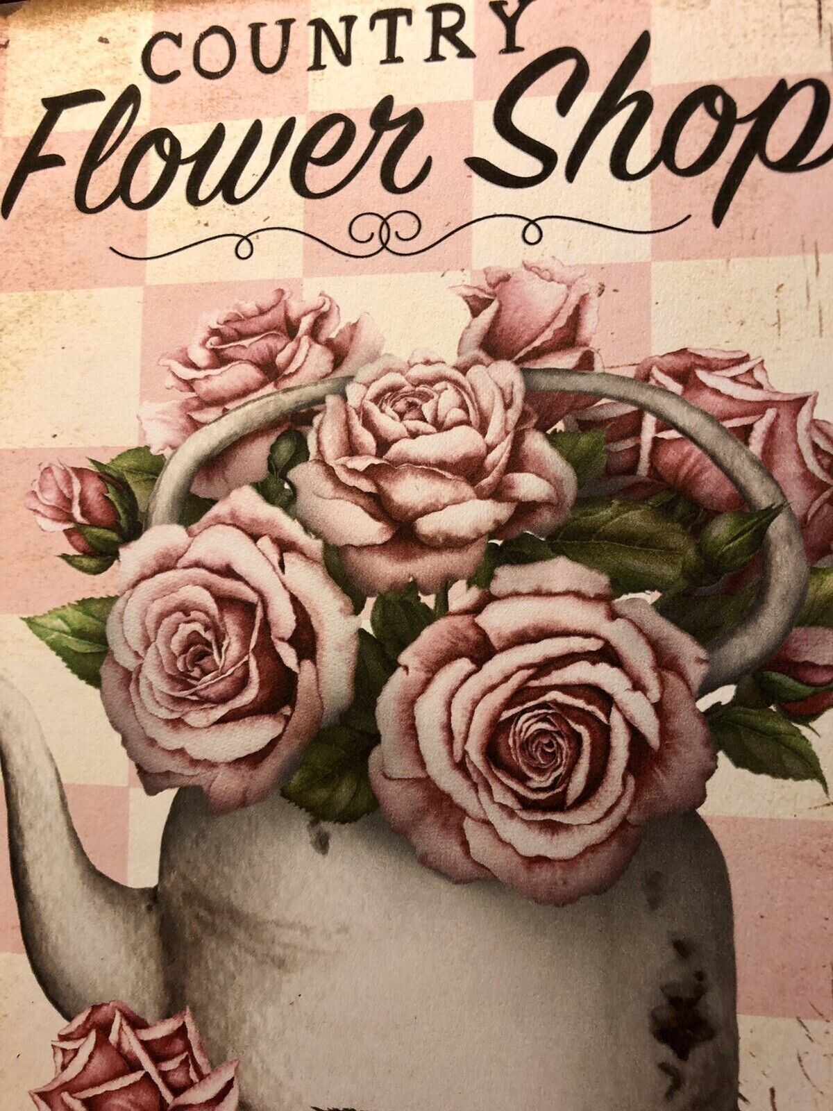 Country Flower Shop Pink Roses Handcrafted Plaque / Sign