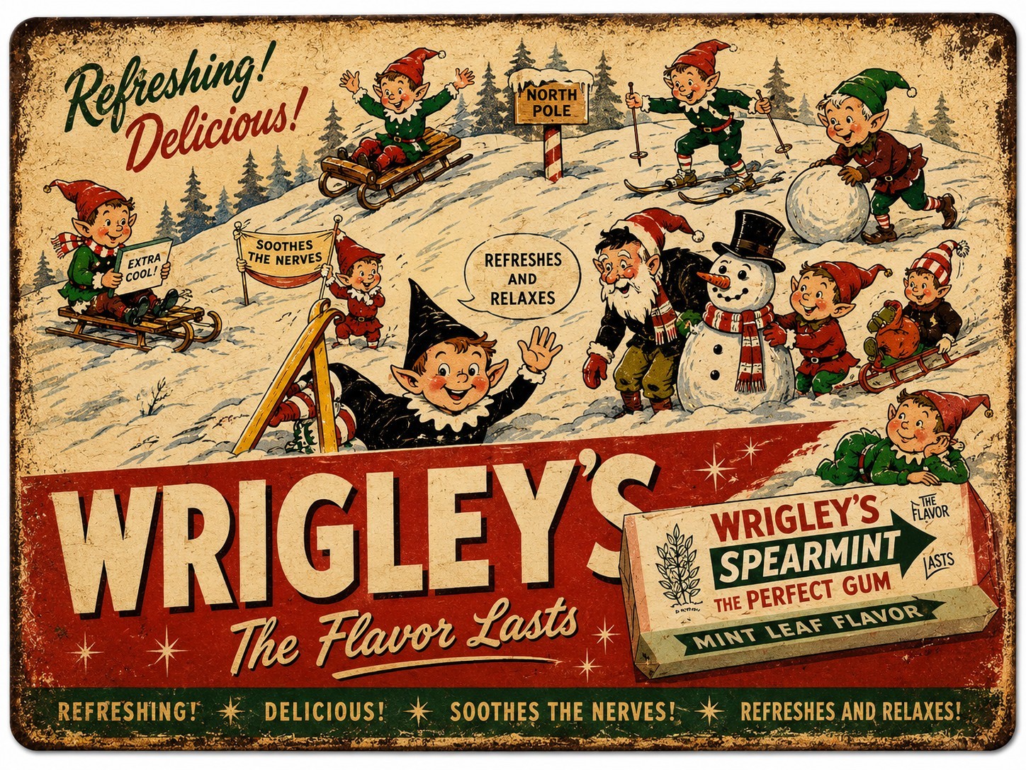 Vintage Look Wrigley’s Spearmint Gum Sign Retro Christmas Advertising Wall Deco