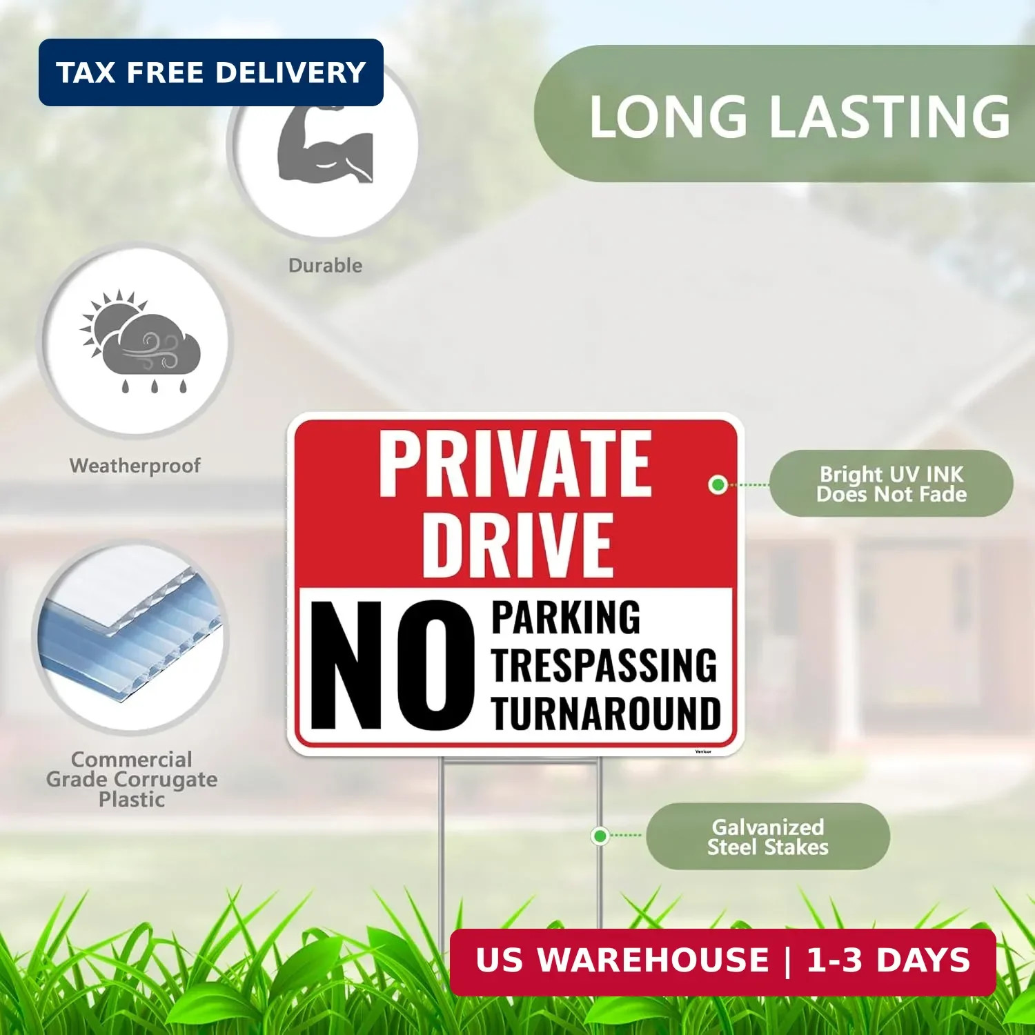 2PC Private Driveway No Turnaround Sign with Stake, 12 Inches by 9 Inches – Corr