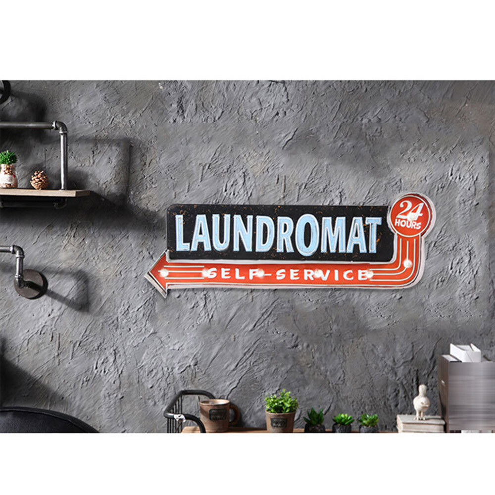 Vintage LED Light Metal Hanging Sign LAUNDROMAT Laundry Shop Art Wall Decoration
