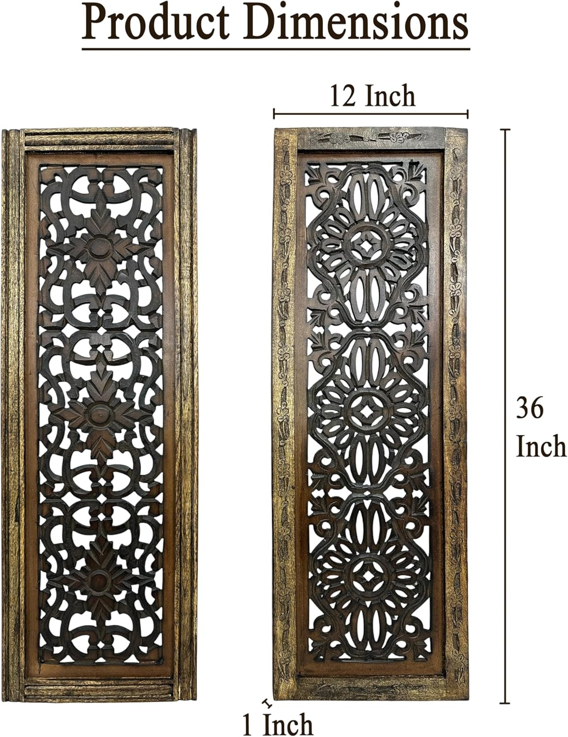 Floral Hand Carved Wooden Wall Panels Set of 2, Rustic Brown Decorative Wall Art