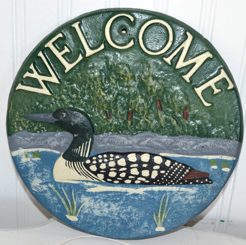 CAST IRON WELCOME SIGN DUCK POND LAKE CABIN RUSTIC LODGE 8.5″ RAISED MAINE