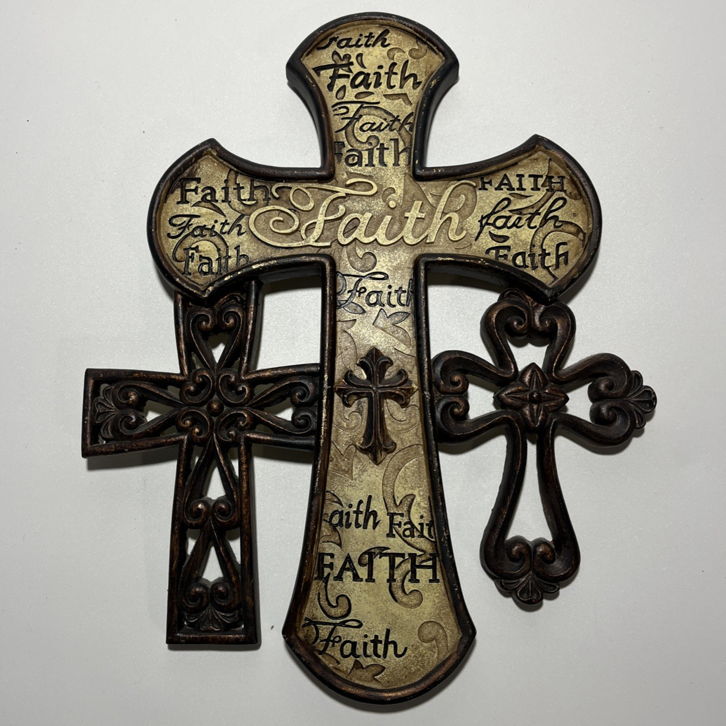 Ceramic Beige & Brown Faith Cross Christian Religious Rustic Wall Art Decor