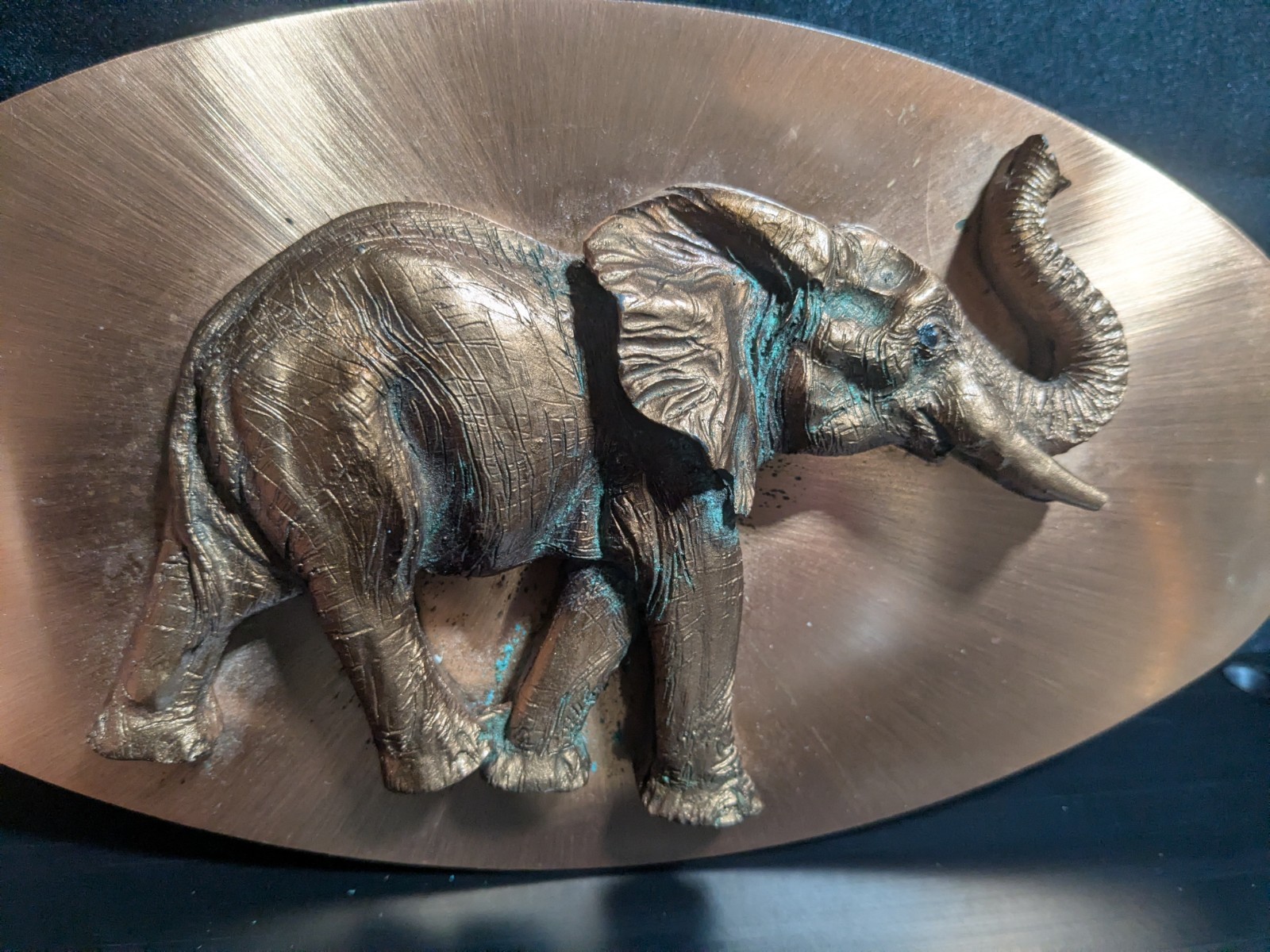 Vintage Copper 3D Elephant Plaque Wall Hanger Art Patina 9 1/2″ Trunk UP