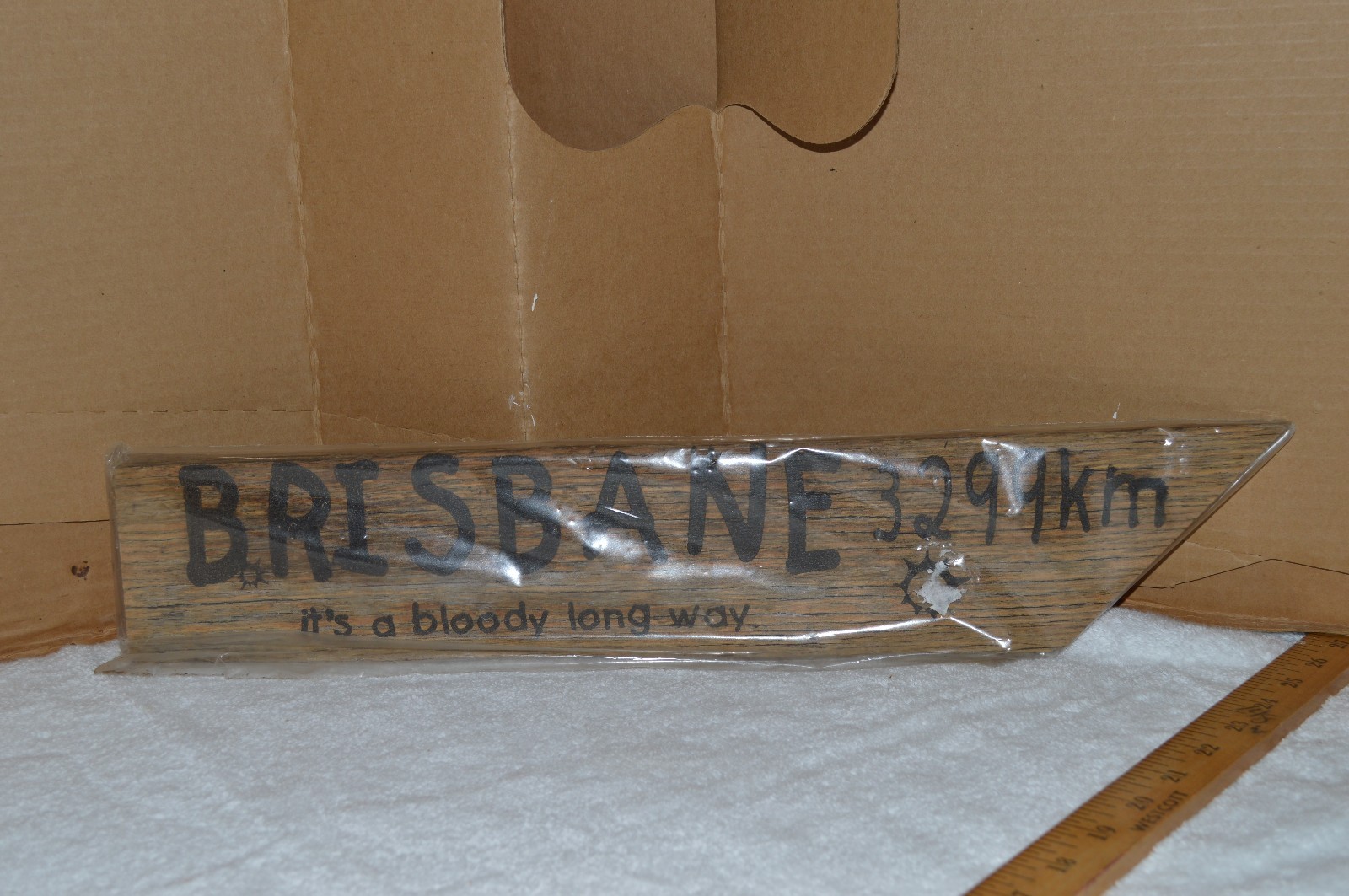 Vtg Primitive Brisbane Wood Handmade Road Sign from Australia Bloody Long Way