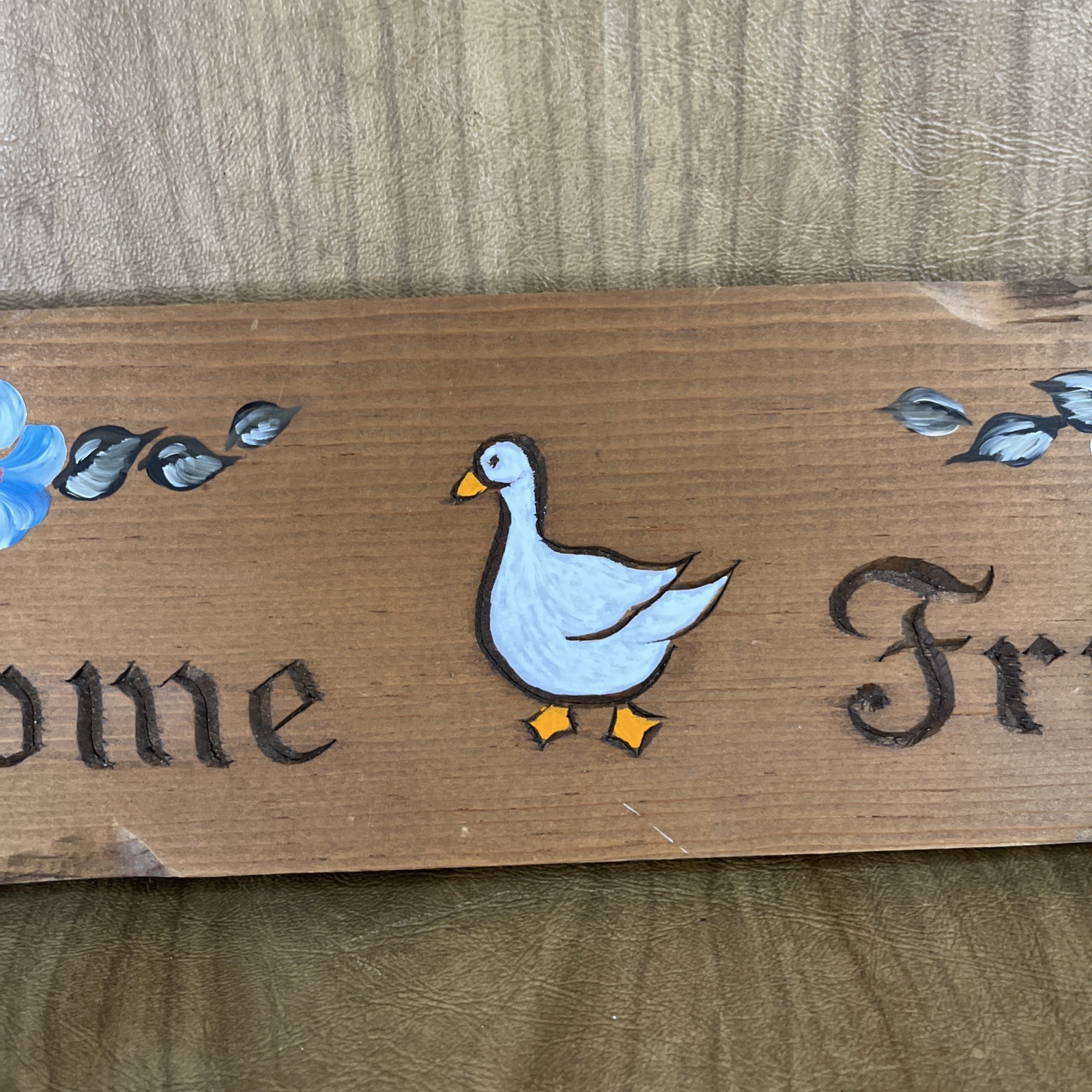 Vtg Welcome Friends Wooden Sign Hand Painted Goose Floral Hearts Country Granny