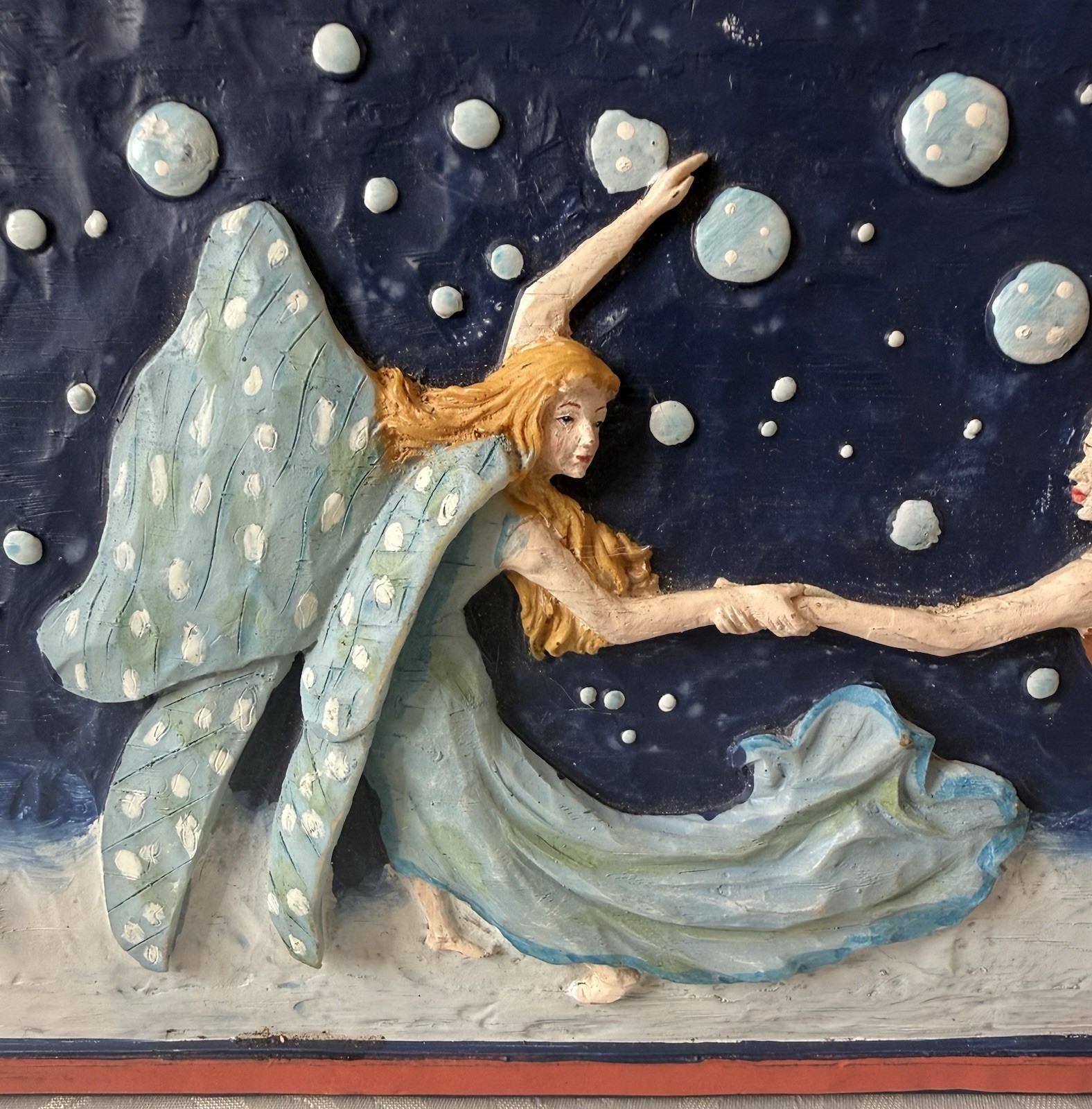 Vintage Multicolor Playing Dancing Fairy Sculptured Resin Moon Wall Art