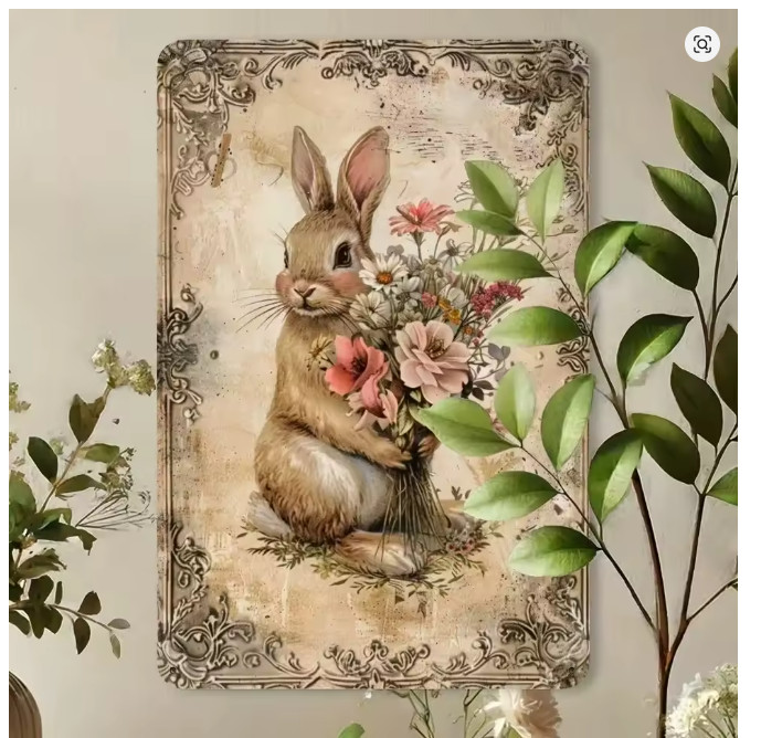 Victorian French Country Farmhouse Bunny Holding Flowers Metal Art Sign 8×12