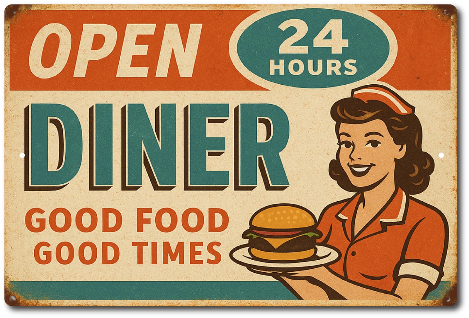 Diner Tin Sign Retro 12×8 Aluminum Open 24 Hours Wall Decor Vintage