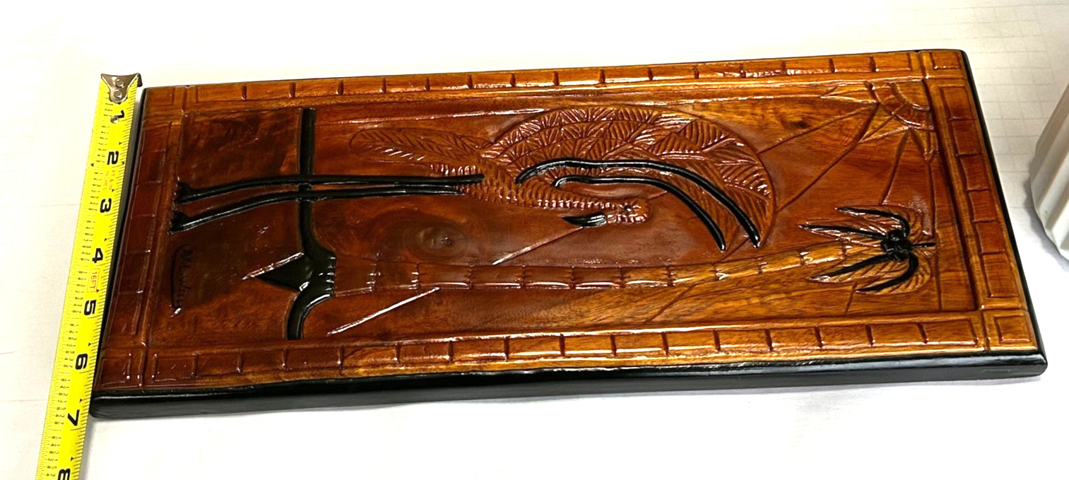 Vintage Hand Carved Wooden Relief Wall Plaques Tropical Birds & Palm Trees.2 Pcs