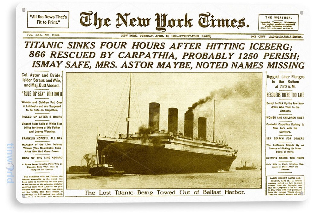TIN SIGN Titanic Headlines Historic Events Newspaper Metal Decor B912