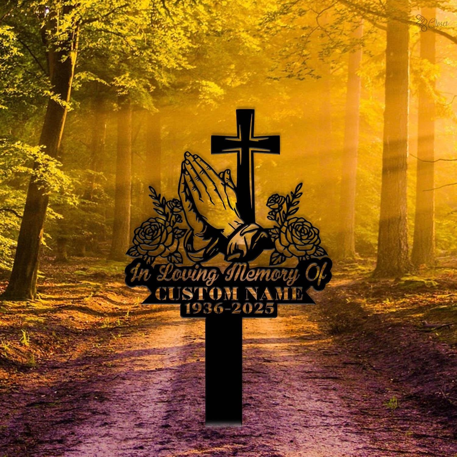 Personalized Cross With Praying Hand Memorial Metal,Grave,MarkeRemembrance Stake
