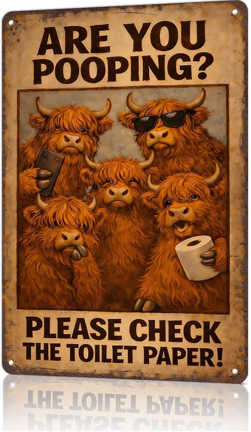 Highland Cow Metal Signs Funny “Are You Pooping?”：Highland Cow Gifts for Bathroo