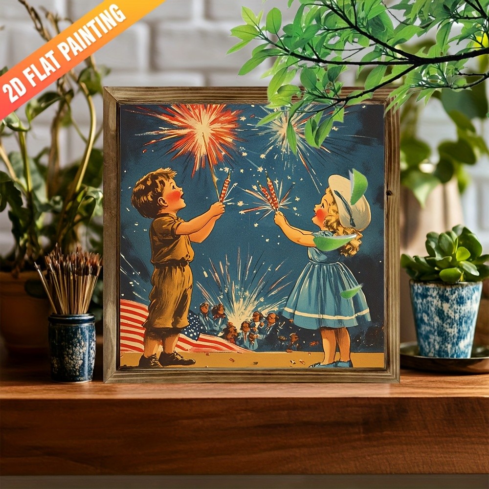 Vintage Kids Sparklers Wooden Plaque 4th of July Patriotic Independence Day Gift
