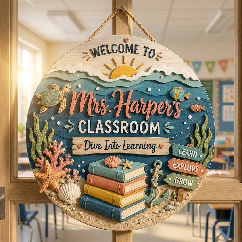Custom Teacher Door Hanger, Beach Classroom Wooden Sign, School Gift
