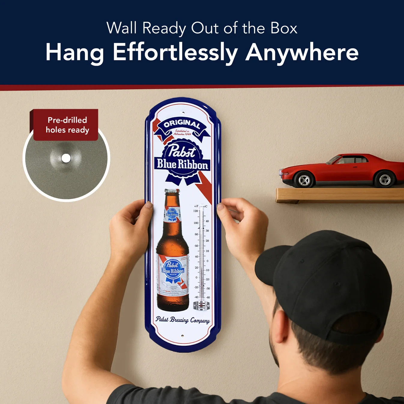 Pabst Blue Ribbon Metal Thermometer Wall Sign Retro Beer Bar Garage Man Cave