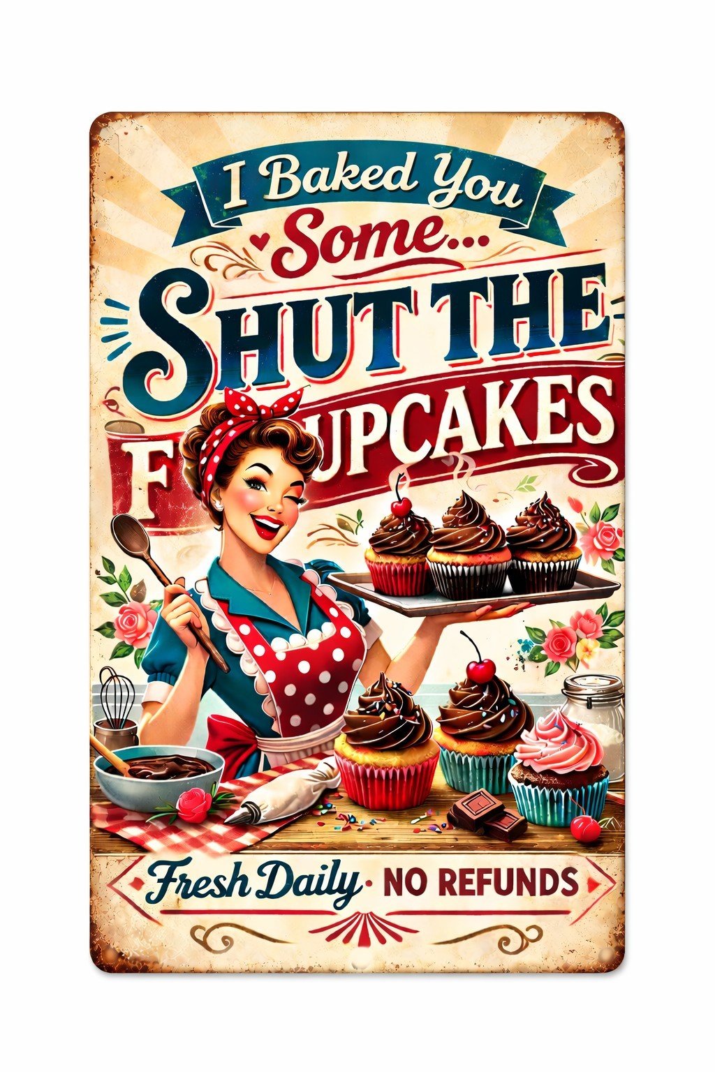 Funny Shut The Fucupcakes Sign – Retro Metal Tin Kitchen Bar Humor Decor 8×12