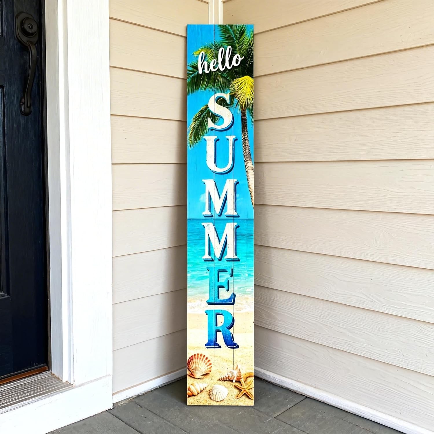 Vertical Wooden Hello Summer Porch Sign,Rustic Summer Porch Standing Sign,Beach