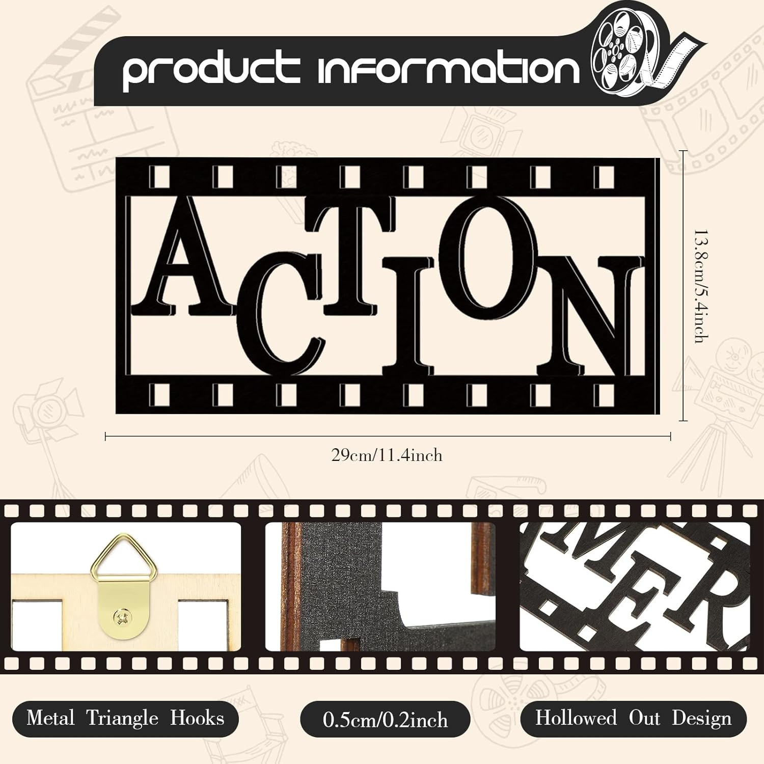 Yookeer 3 Pieces Home Movie Theater Room Decor Cinema Wall Art Wooden Reel Wall