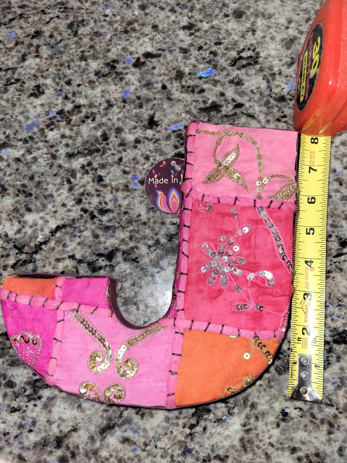 Fabric letter J made in India 8″ X 8″ Embossed hot pink, red, orange sequence