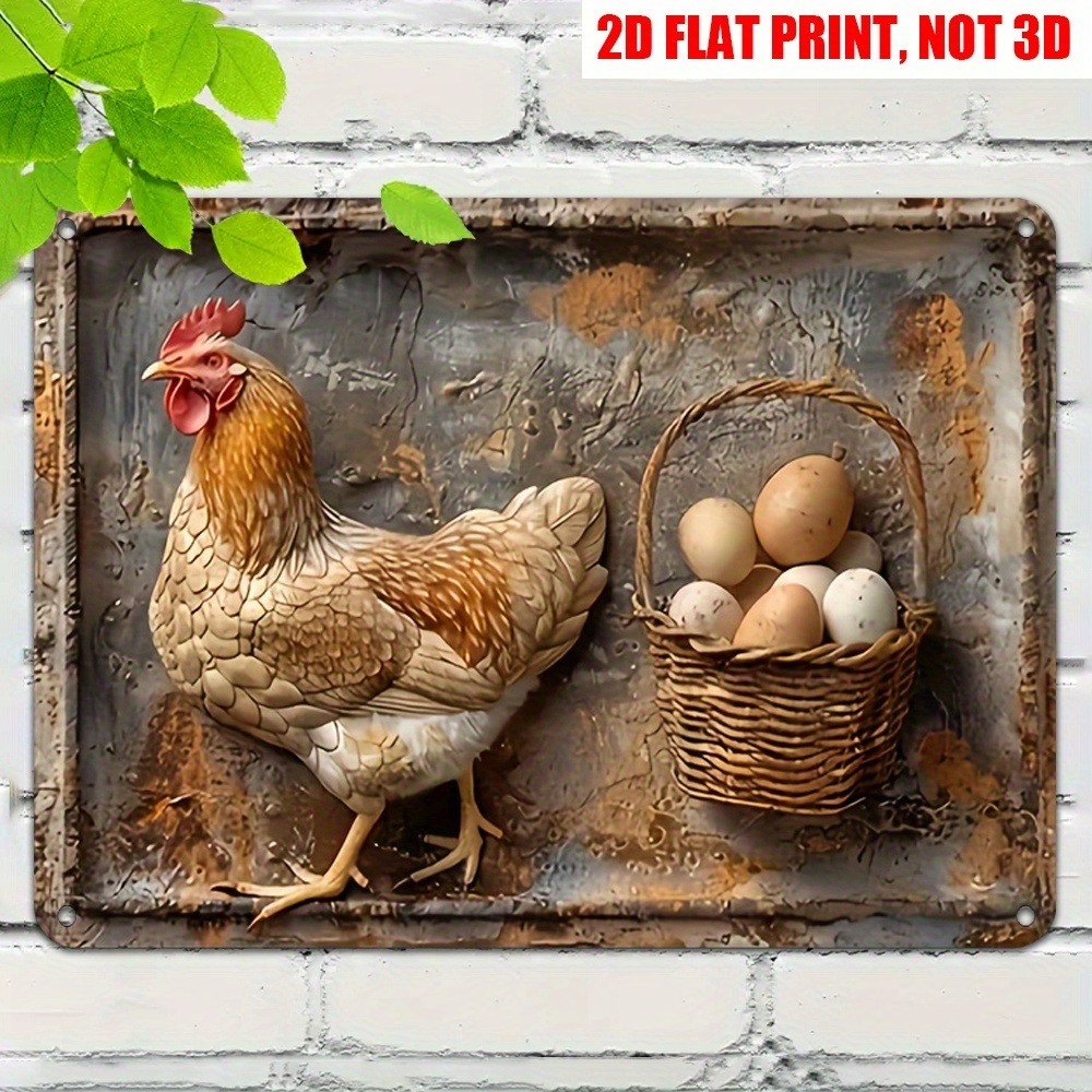 Vintage Farmhouse Chicken Metal Signs Hen & Egg Basket Rustic Wall Decor Country