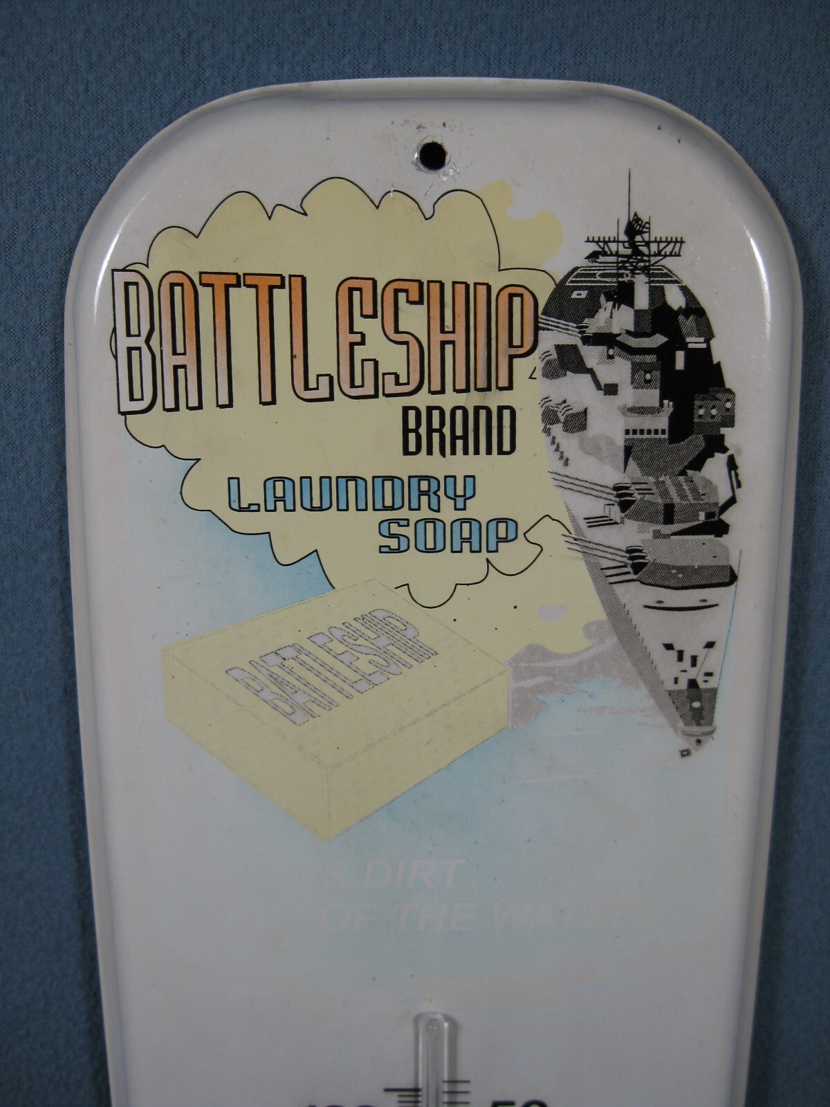 Vintage Battleship Brand Laundry Soap Tin Thermometer Sign 16″ Taylor