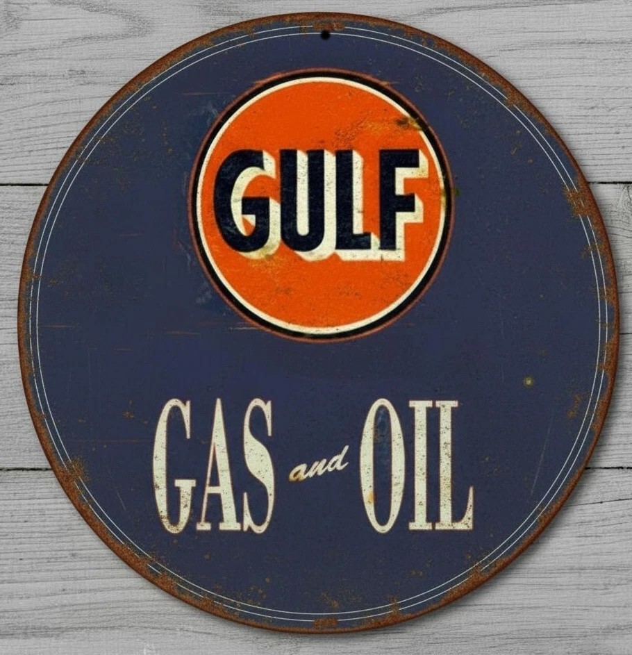 Gulf Gas & Oil 8″ Diameter Vintage Novelty Metal Sign Made In USA New!