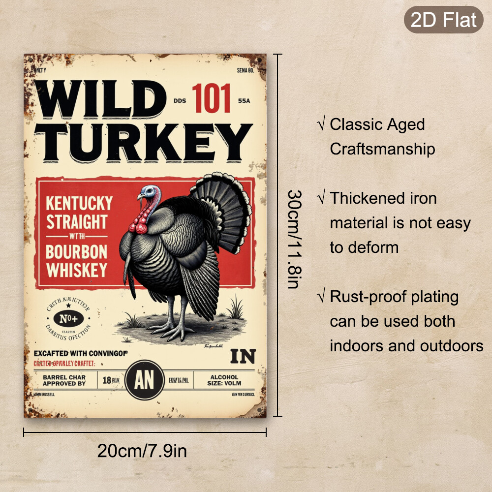 Wild Turkey Bourbon Whiskey Vintage Metal Tin Sign – 8×12 Inch Rustic Iron Wall