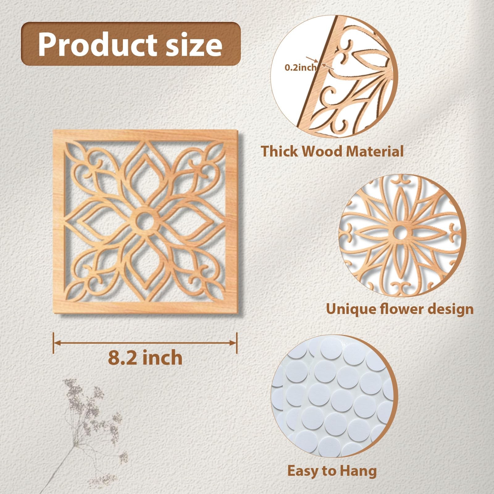 4 Pieces Thicken Rustic Wall Decor,Flower Carved Wall Art,Wooden Hollow Carve…