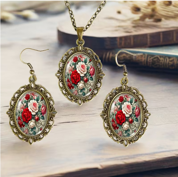 NECKLACE-3pcs Rose Multicolor Bouquet Necklace with Glass Pendant and Earrings