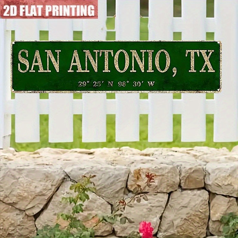 Distressed Green San Antonio TX Coordinates Metal Sign Texas City Cabin Decor