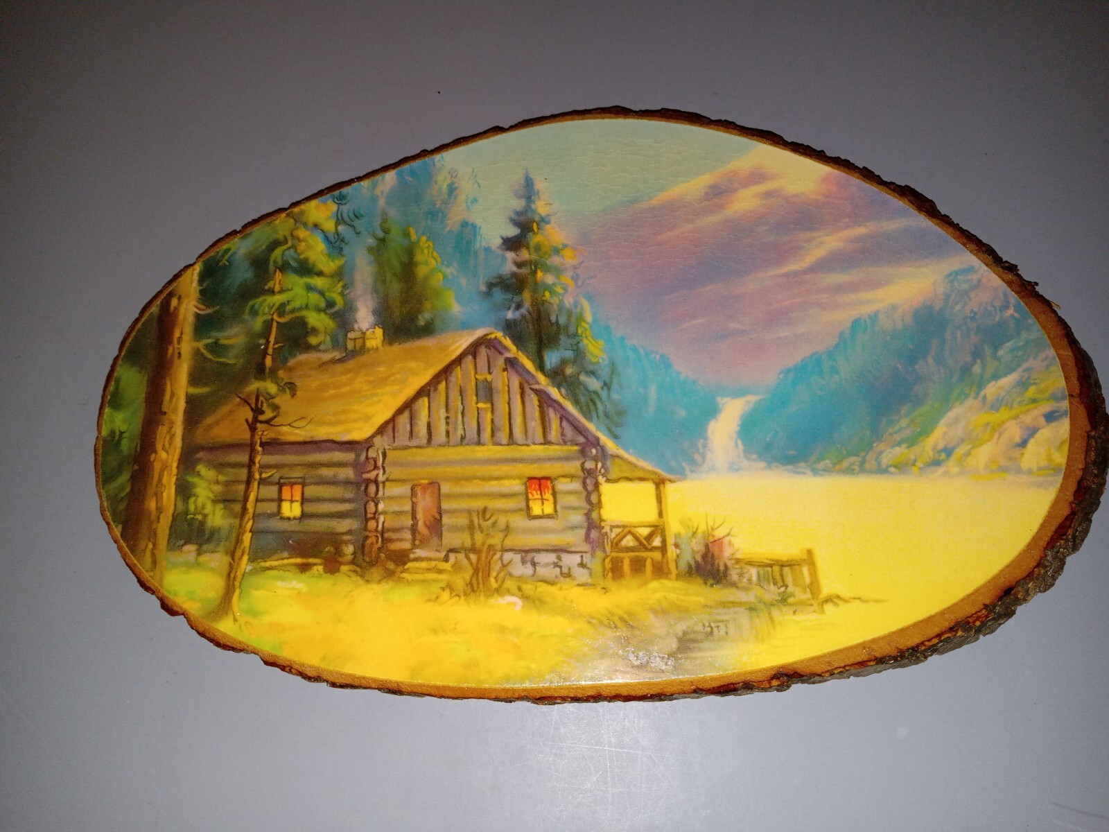 Rustic Log Cabin Landscape on Natural Wood Slice Wall Hanging