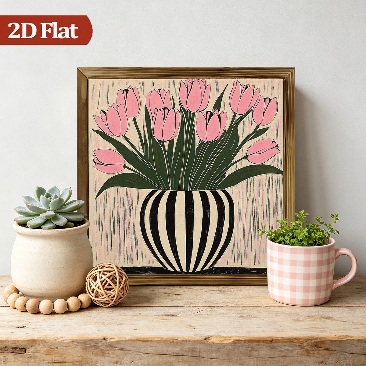 Vintage Pastel Pink Tulip Bold Striped Pot Wooden Sign Beige Tabletop Plaque