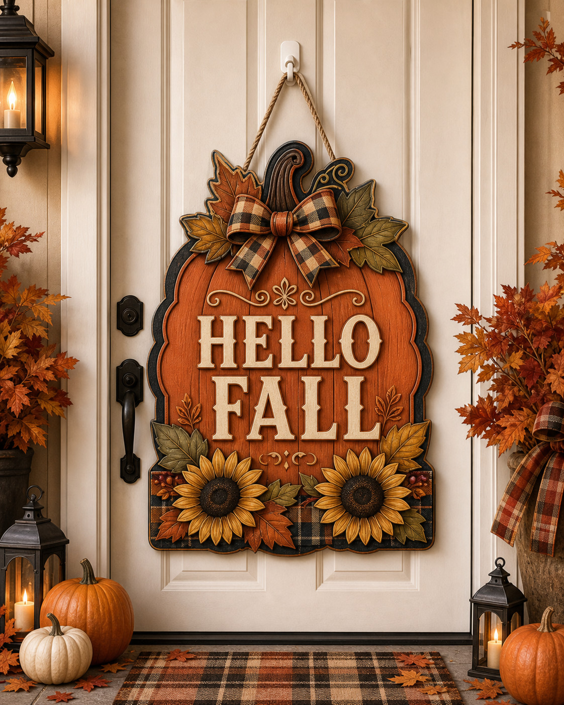 Hello Fall Wooden Sign Pumpkin Sunflower Plaid Front Door Decor Gift