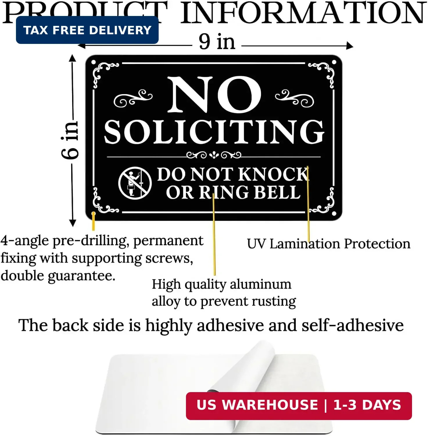 No Soliciting Sign for Front Door 9×6 Inches, 2 Pack Self-Adhesive Aluminum Meta