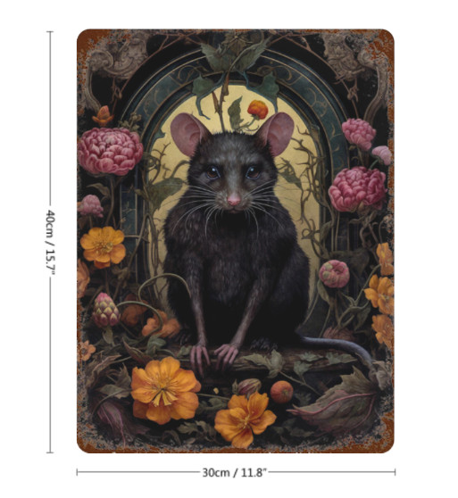 Rustic Gothic Botanical Animals Black Rat Metal Sign Victorian Wall Decor 8 x 12