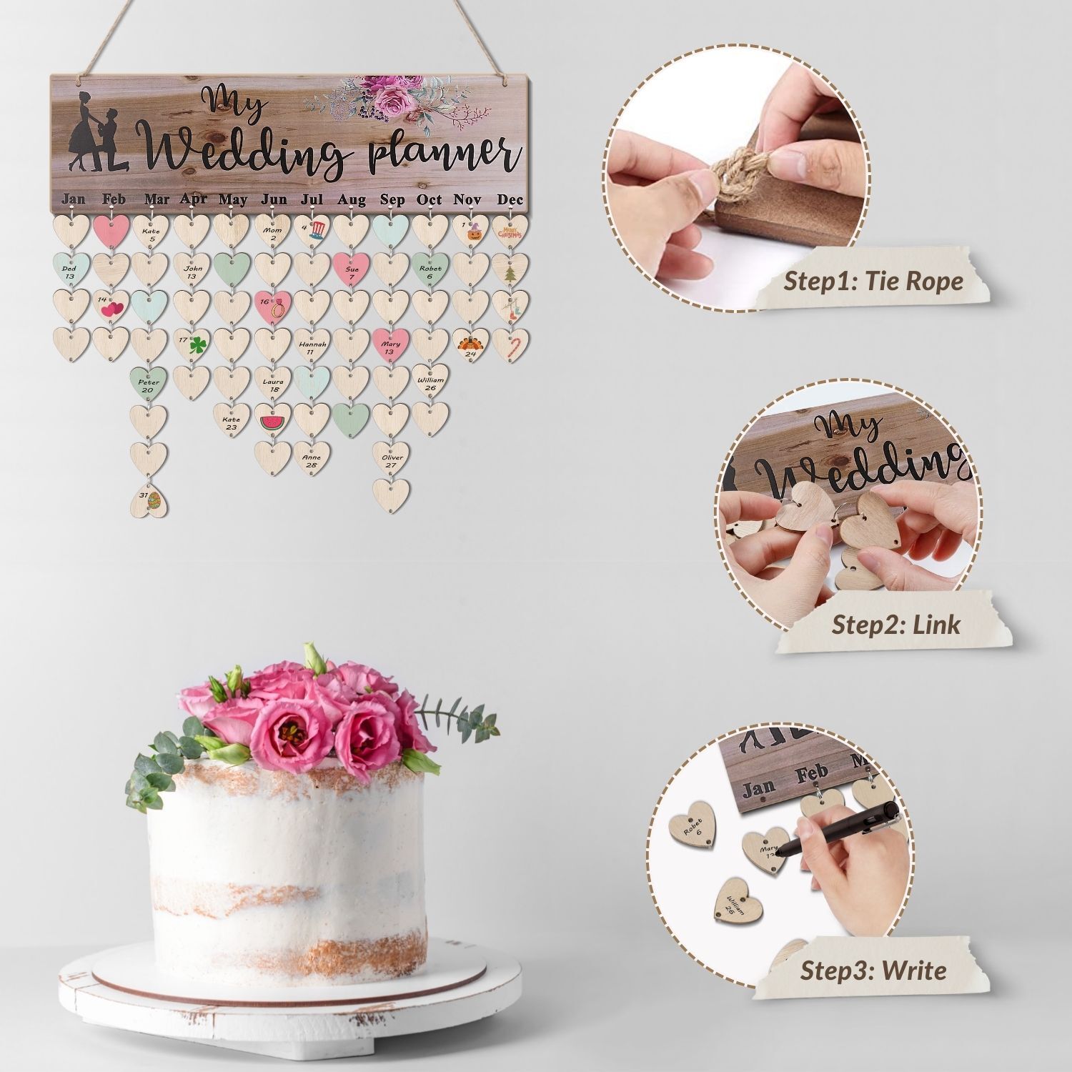 Wooden Wedding Planner Event Wall Hanging Birthday Calendar with 50 Wood Discs
