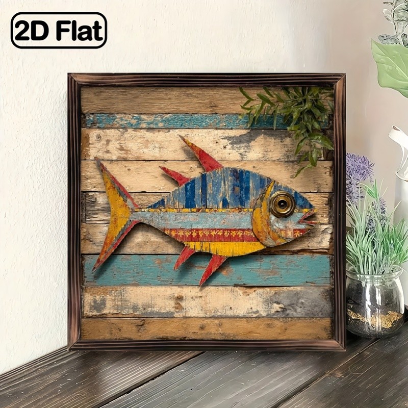 Folk art fish wooden plaque rustic coastal home decor beach theme