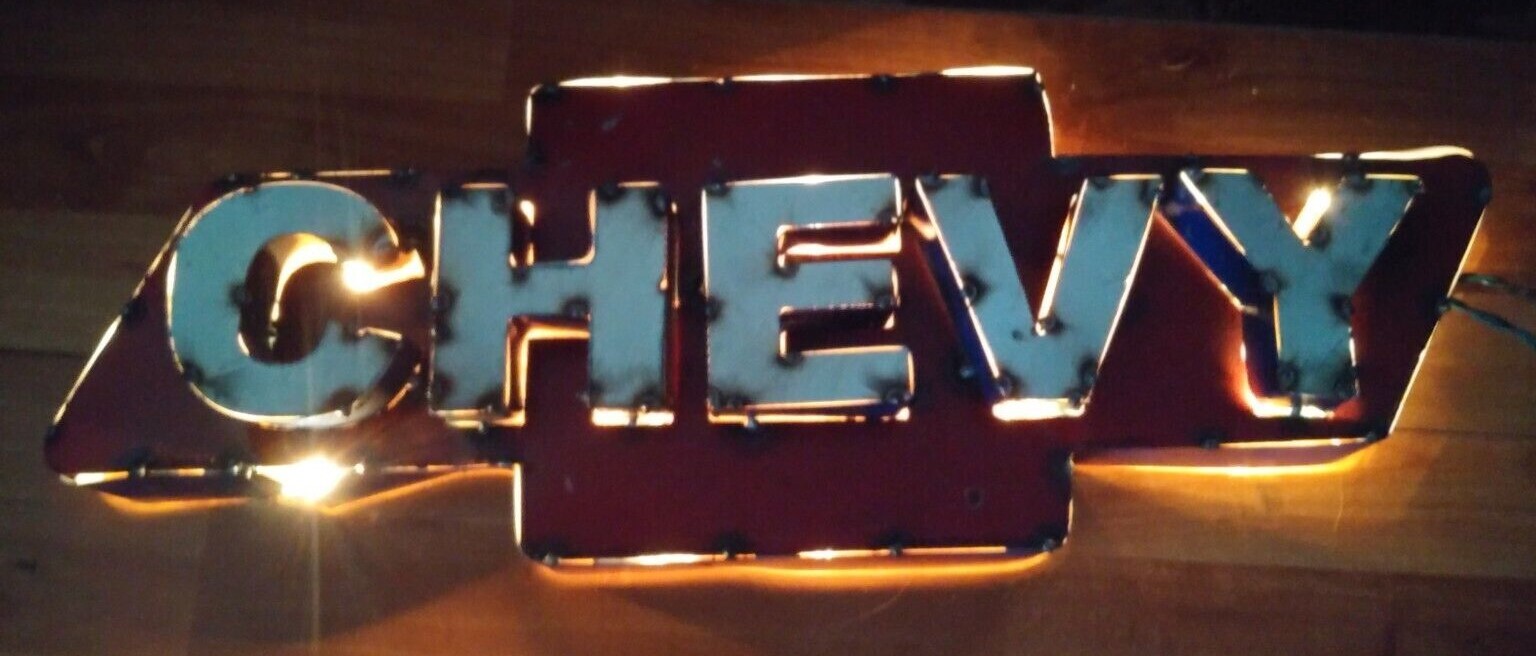 Recycled Tin Metal CHEVY Bow Tie Sign Gas Oil Garage Man Cave Home Decor