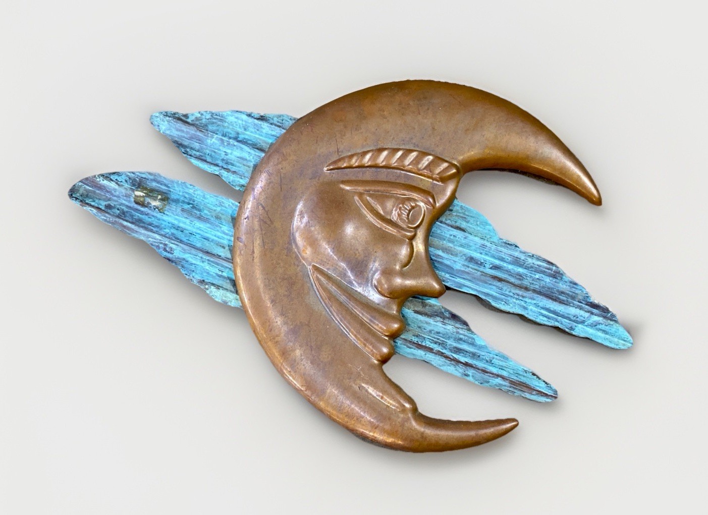 Solid Copper Crescent Moon Amongst Verdigris Clouds Wall Art, 25″ Long