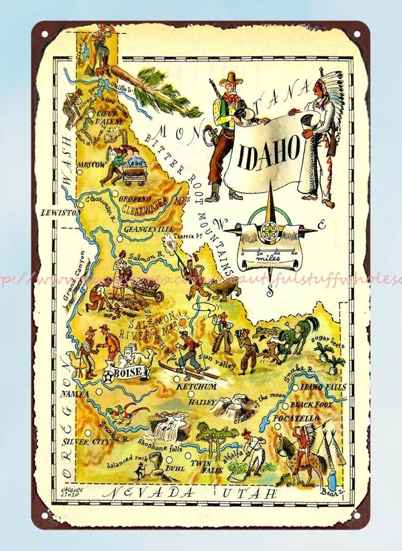 Idaho Pictorial Map 1946 metal tin sign brew pub parts wall decor
