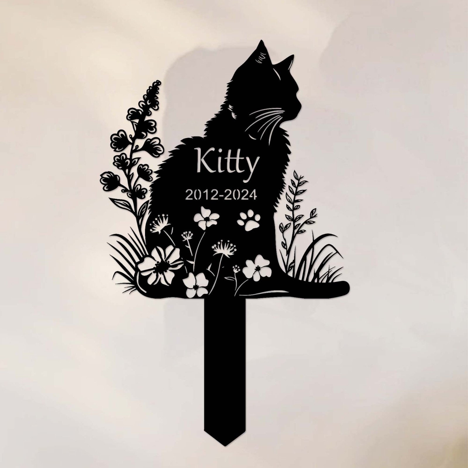 Personalized Metal Cat Grave Marker,Cat Memorial Stake with Flowers,Custom Cat