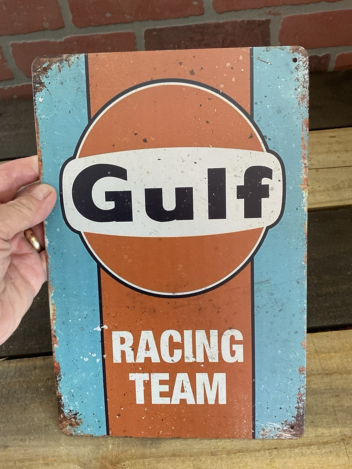 8″x12″ Vintage Patina Style “Gulf Racing Tem” Tin Advertising Sign