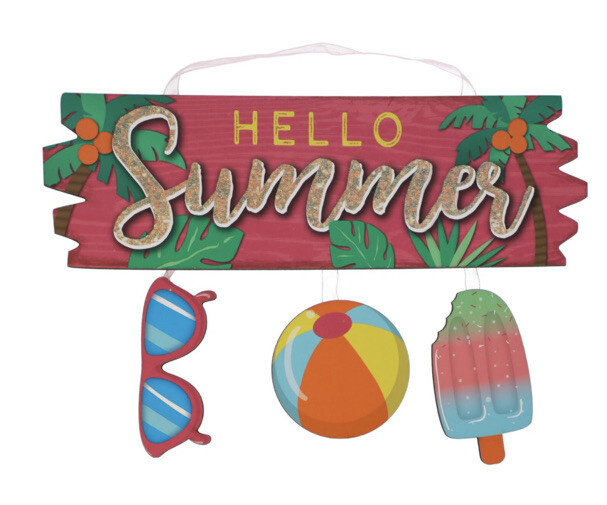 HELLO SUMMER Sign Sunglasses Beach Ball Frozen Treat Decor Glitter Wall Door NEW