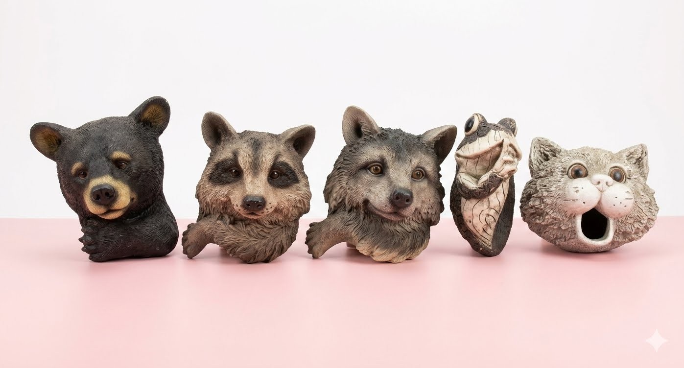 VTG Wall Garden Sculpture Lot of 5 Forest Faces Bear Raccoon Wolf Frog Cat Resin