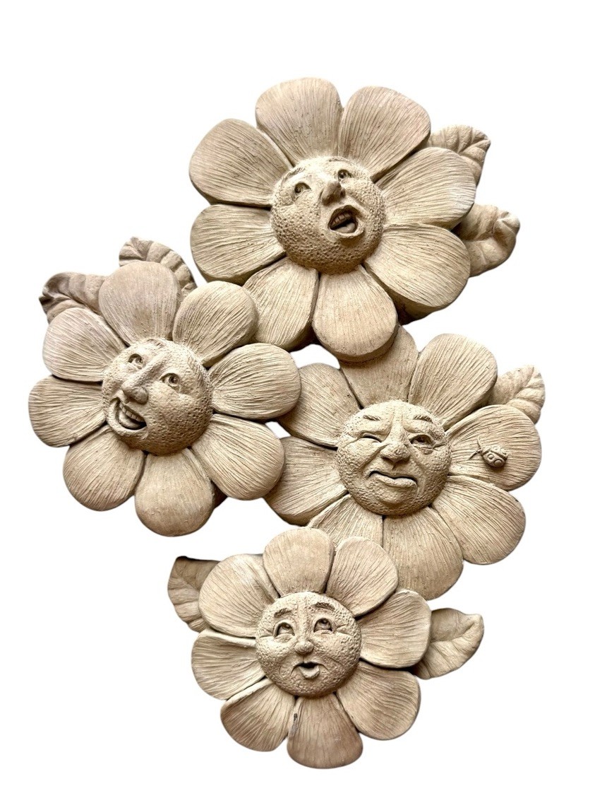 Carruth Studio Spring Quartet Flower Faces Relief Wall Plaque Stone 9″