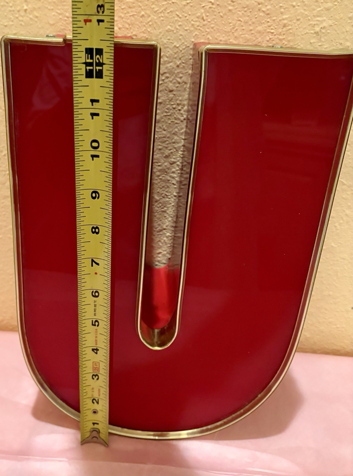 Reclaimed Vintage Red Acrylic With Gold Trim Channel Letter U Retro Urban Decor