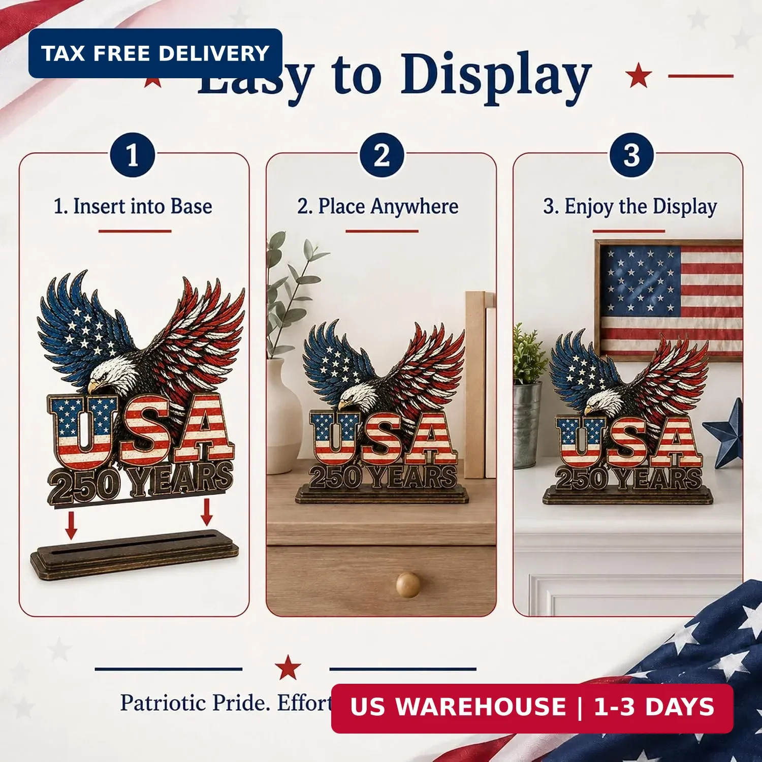 USA 250 Years Patriotic Wooden Desk Plaque, 250th Anniversary USA Decorations wi