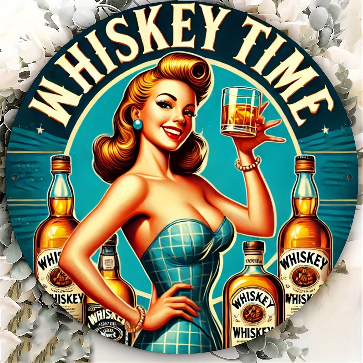 Tin Metal Signs Whiskey Beauty, Iron 20×20 Cm (8×8 Inches), Round Iron Sign